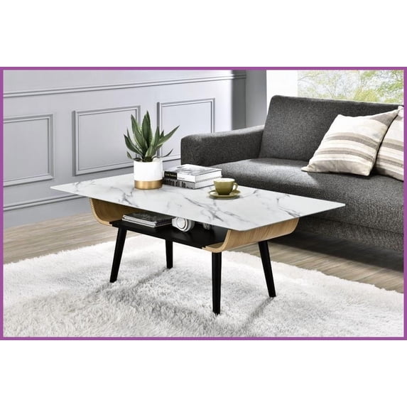 47” Landon Coffee Table with Easy-Clean White Marble-Textured Glass Top, Bent Wood Design & Dichromatic Storage Shelf
