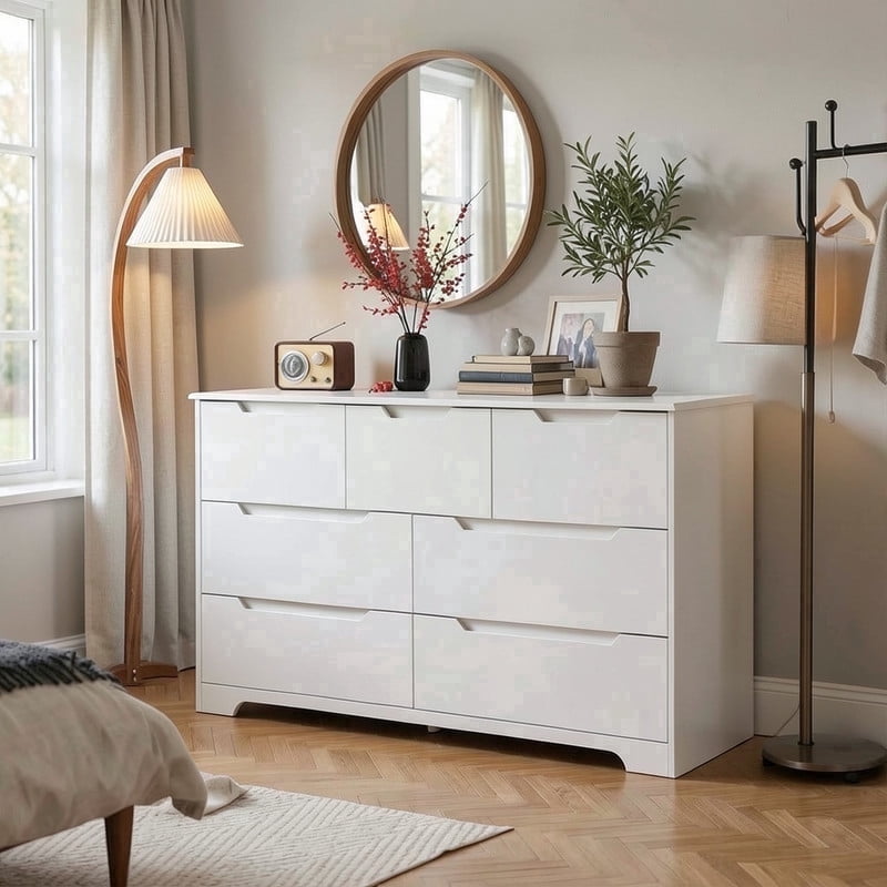 7-Drawer Dresser, 48" Handle-Free Modern Storage Chest - Engineered Wood Dresser for Bedroom, Living Room, Nursery & Entryway, White