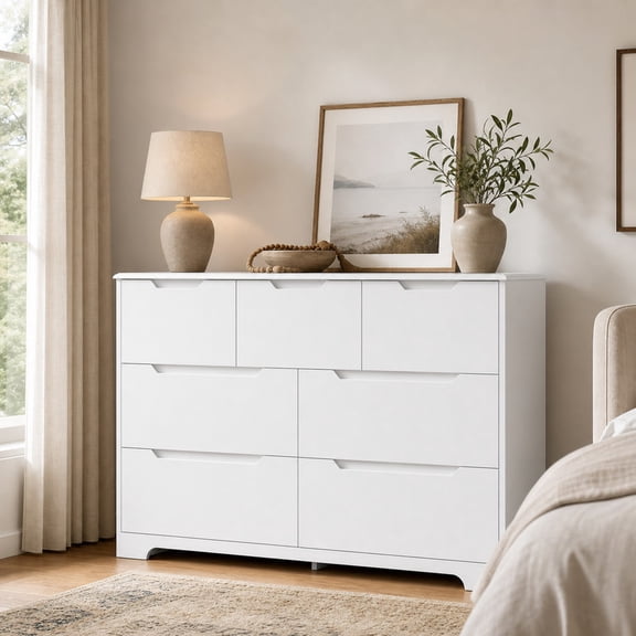 48" Large Dresser for Bedroom, 7-Drawer Dresser with Handle-Free Design - Solid Wood Storage Chest for Bedroom & Living Room - White
