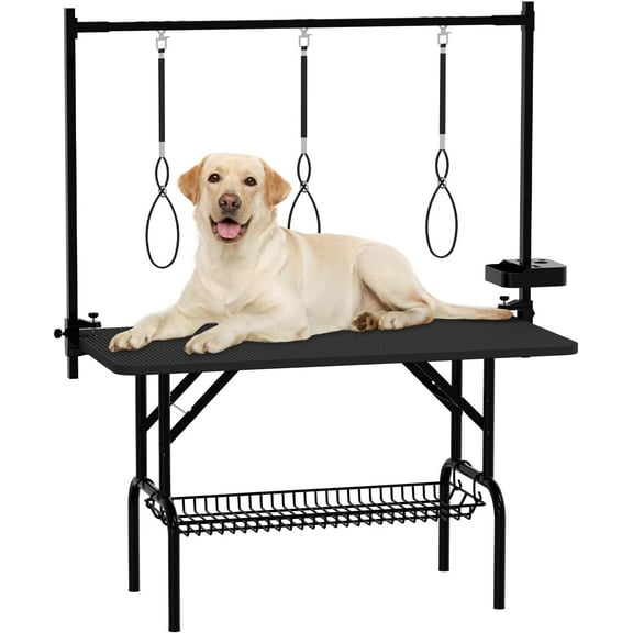 47''Large Dog Grooming Table, Foldable Pet Station at Home, Dog Grooming Table,Adjustable Cat Drying Desktop with Arms, Nooses, Mesh Tray (47Inch Pet Grooming Table Black)