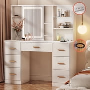 47" Large Vanity Desk with Mirror and Lights, 7 Drawers & 8 Storage Shelves, Makeup Vanity Table with LED 3 Lighting Modes, Power Outlet, Sliding Mirror, White Vanity Dresser for Bedroom