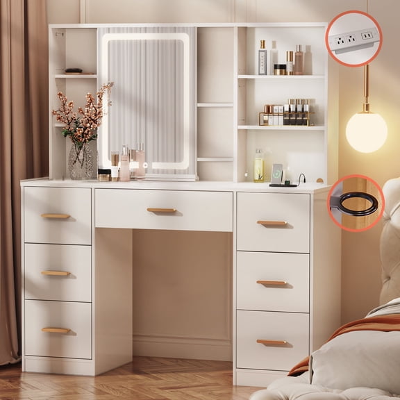 47" Large Vanity Desk with Mirror and Lights, 7 Drawers & 8 Storage Shelves, Makeup Vanity Table with LED 3 Lighting Modes, Power Outlet, Sliding Mirror, White Vanity Dresser for Bedroom