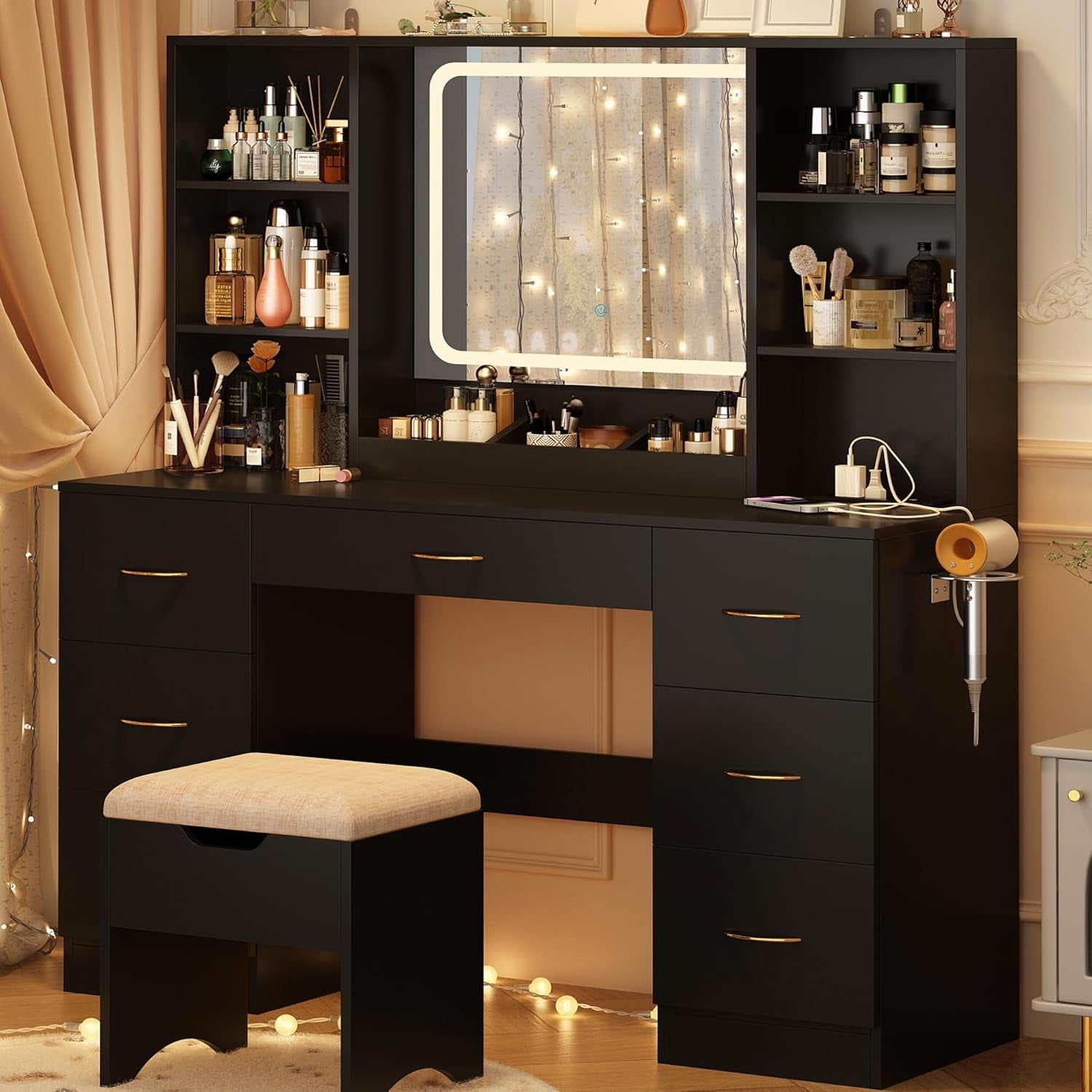 47" Large Vanity Desk with Mirror and Lights, LED Black Vanity Set with ...