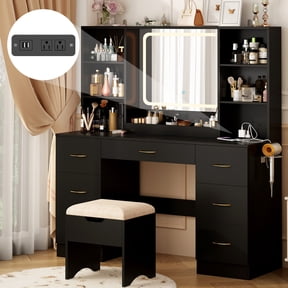 47 Inch Large Vanity Desk with Lighted Mirror & Charging Station, LED Makeup Vanity Table Set with 7 Drawers & Hidden Storage Stool & Hair Dryer Holder