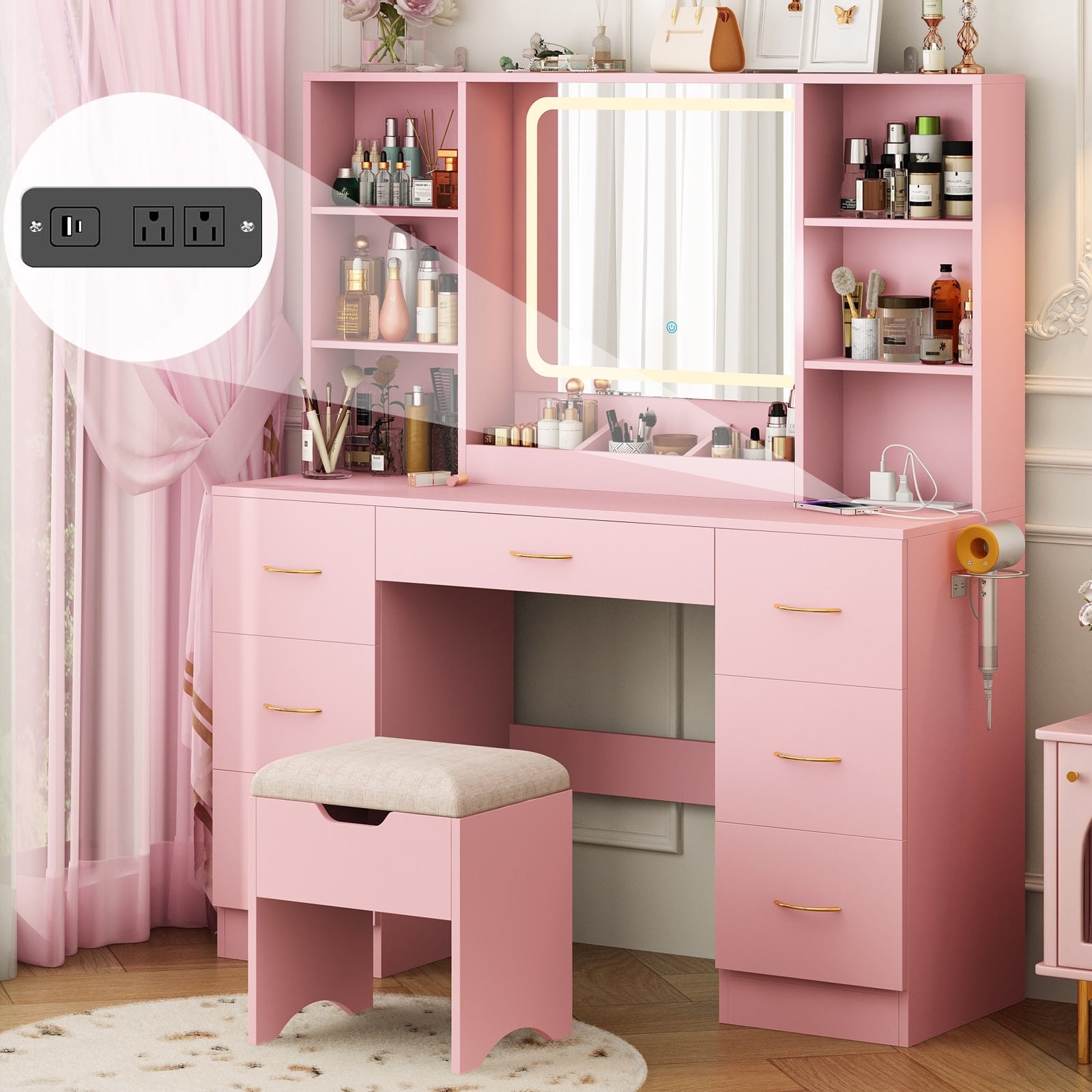 47" Large Vanity Desk with LED Lighted Mirror & Power Outlet & 7