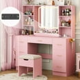 thumbnail image 1 of 47" Large Vanity Desk with LED Lighted Mirror & Power Outlet & 7 Drawers, Makeup Vanity Table Set with Storage Stool and Hair Dryer Rack, Pink, 1 of 14