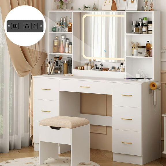 47" Large Vanity Desk with LED Lighted Mirror & Power Outlet & 7 Drawers, Makeup Vanity Table Set with Storage Stool and Hair Dryer Rack, White