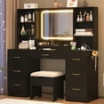 thumbnail image 1 of 47" Large Vanity Desk with Lighted Mirror & Charging Station, Black Makeup Vanity with 7 Drawers & 6 Shelves, Vanity Set with Cushioned Stool, 1 of 8