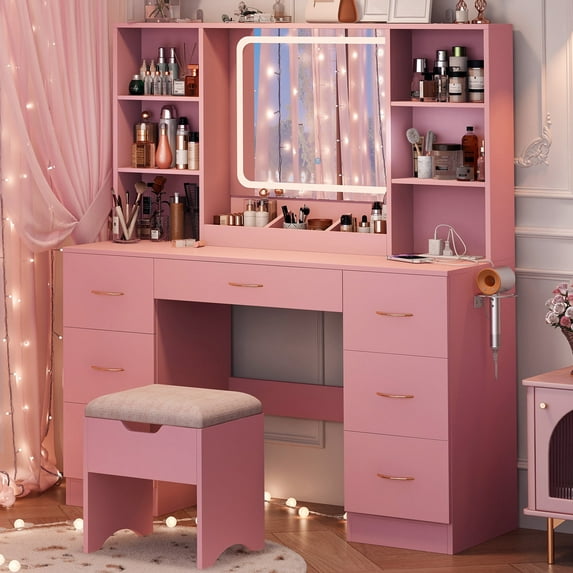 47" Large Vanity Desk with Lighted Mirror & Charging Station, Pink Makeup Vanity with 7 Drawers & 6 Shelves, Vanity Set with Cushioned Stool