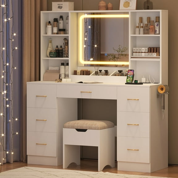 47" Large Vanity Desk with Lighted Mirror & Charging Station, White Makeup Vanity with 7 Drawers & 6 Shelves, Vanity Set with Cushioned Stool