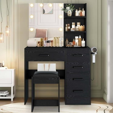 Vanity Set with Mirror, UHOMEPRO Lighted Makeup Vanity Desk with 5 Drawers, 3 Storage Shelves, Hair Dryer Rack, and Cushioned Stool, Modern Makeup Desk Dressing Table for Girls Bedroom, Black
