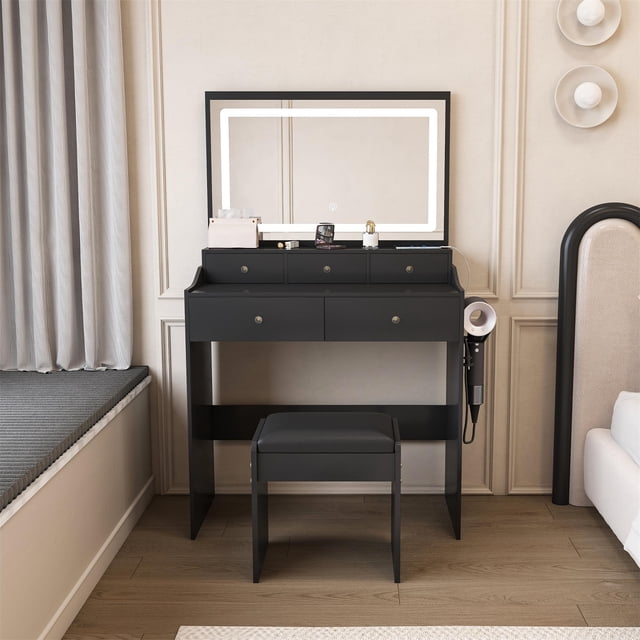 UHOMEPRO Vanity Set with Mirror, Lighted Makeup Vanity Desk with 5 Drawers, Storage Shelves, Hair Dryer Rack, and Cushioned Stool, Modern Makeup Desk Dressing Table for Girls Bedroom, Black