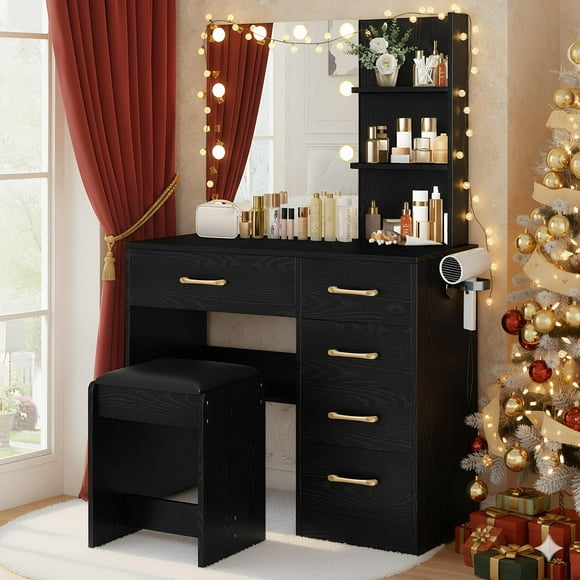 Vanity Set with Mirror, UHOMEPRO Lighted Makeup Vanity Desk with 5 Drawers, 3 Storage Shelves, Hair Dryer Rack, and Cushioned Stool, Modern Makeup Desk Dressing Table for Girls Bedroom, Black
