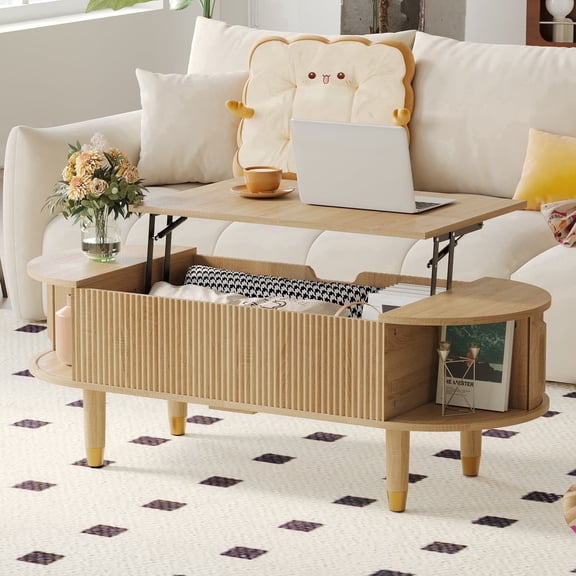 Pusnapku 47" Lift Top Coffee Table, Oval Fluted Center Table with Sliding Door and Hidden Storage Space, Wood Accent Desk for Living Room, Home Office