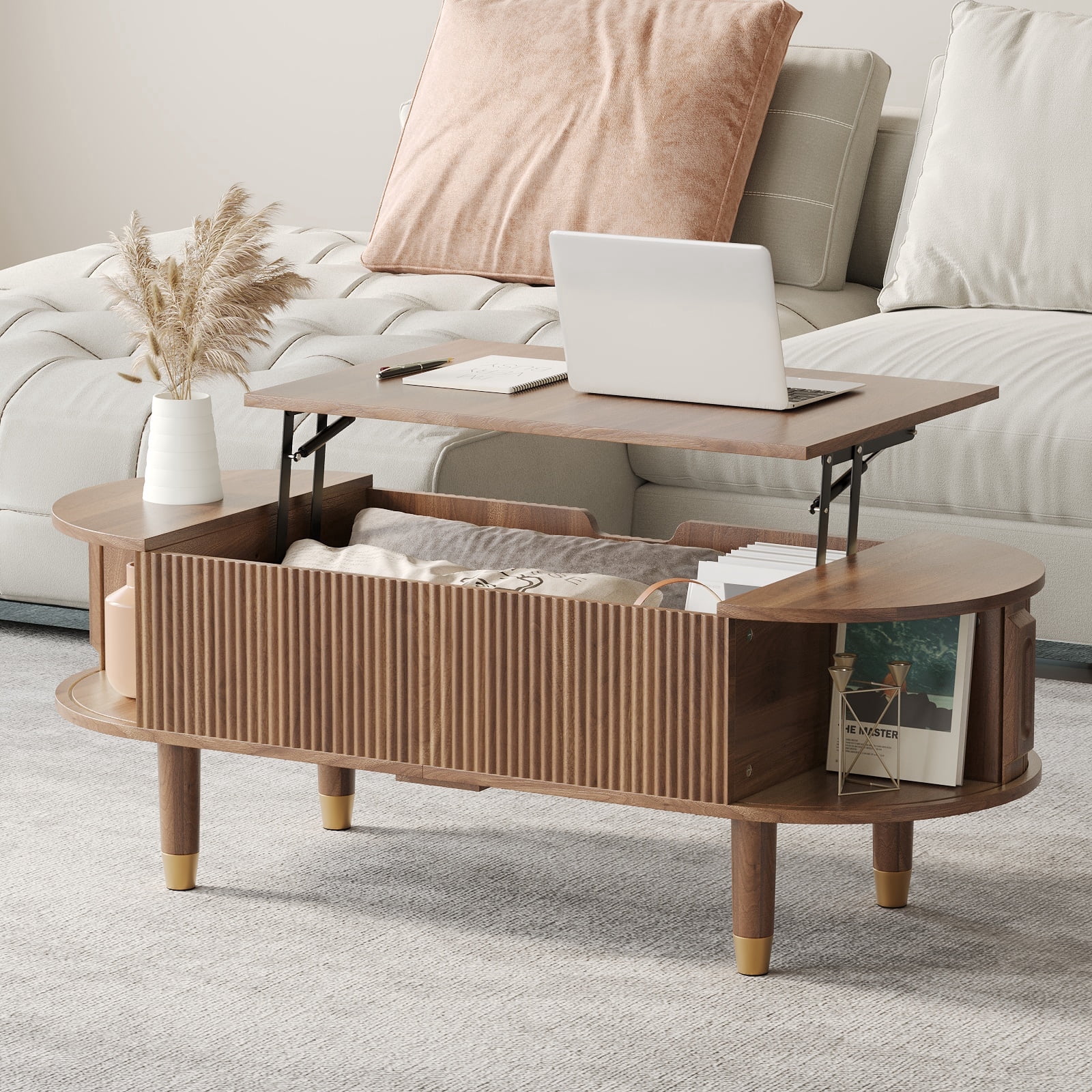 Pusnapku 47" Lift Top Coffee Table, Fluted Oval Center Table with ...