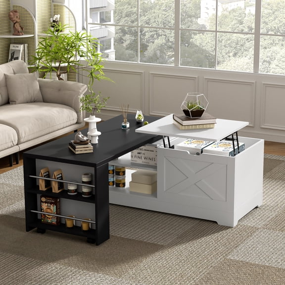47" Lift Top Coffee Table with Power Outlet, 2-in-1 Rectangle Center Table with Hidden Storage and Barn Doors, Farmhouse Dining Table for Living Room, White