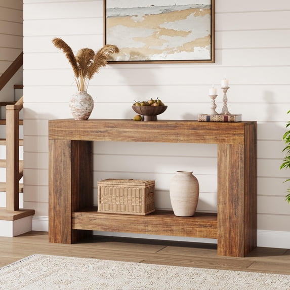 47'' Long Console Table, 2-Tier Narrow Entryway Table Sofa Table with Storage, Farmhouse Wood Behind Couch Table for Living Room, Hallway, Brown