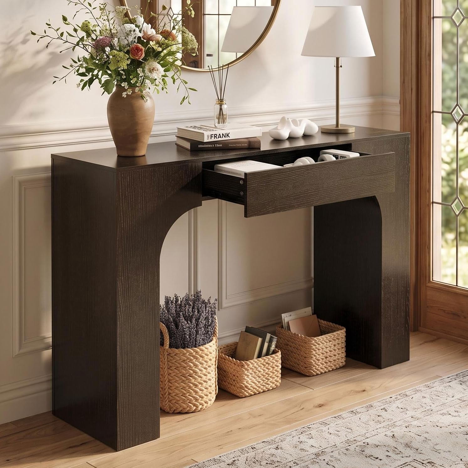 47" Long Console Table with Drawer, Narrow Entryway Table with Anti-Tipping Kit, Farmhouse Walnut Sofa Table for Hallway, Living Room, TV Stand, Black Embossed