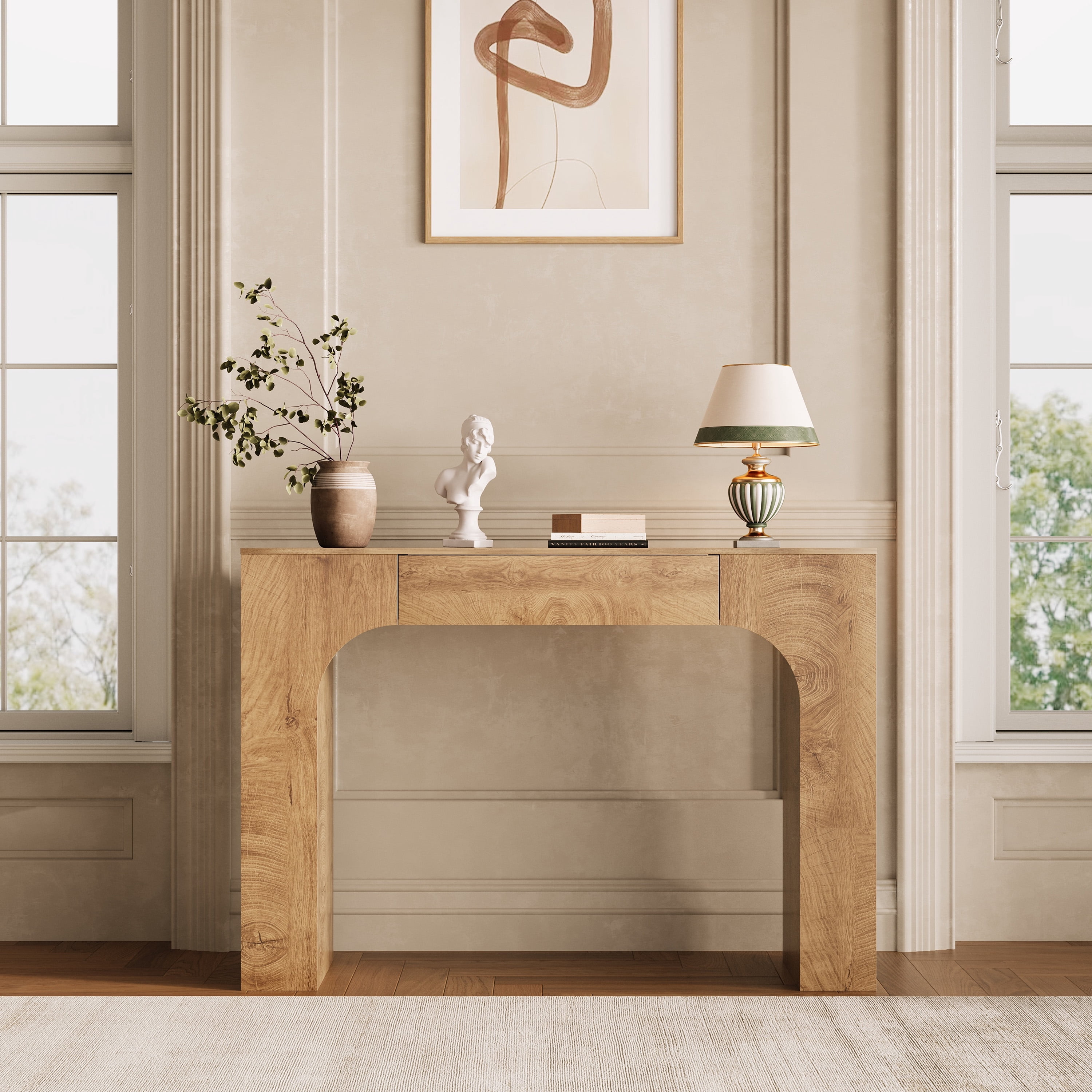 47" Long Console Table with Drawer, Narrow Entryway Table with Anti-Tipping Kit, Farmhouse Walnut Sofa Table for Hallway, Living Room, TV Stand, Chate Annual‑Ring Oak