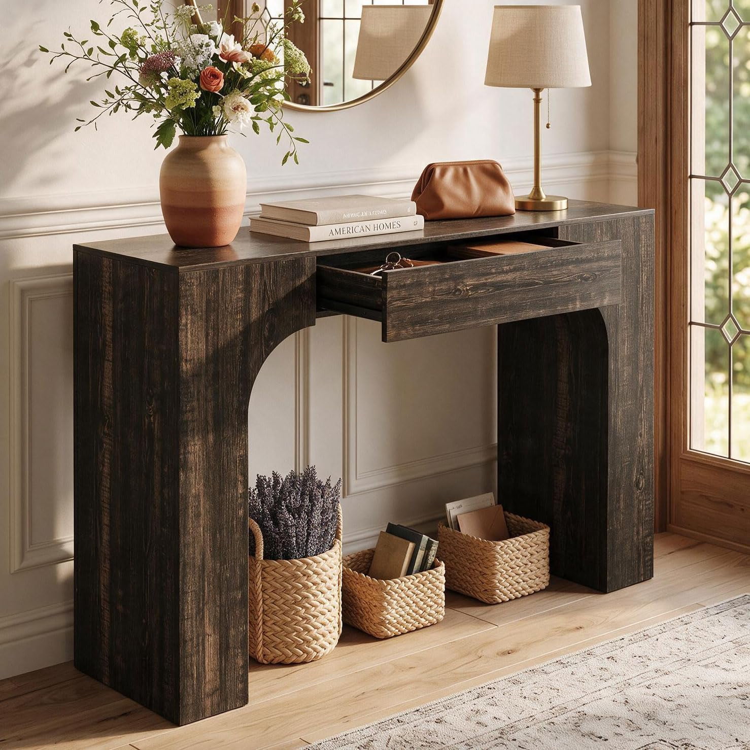 47" Long Console Table with Drawer, Narrow Entryway Table with Anti-Tipping Kit, Farmhouse Walnut Sofa Table for Hallway, Living Room, TV Stand, Vintage Black Oak