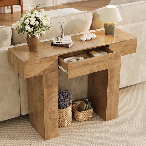 47 in Long Console Table with Drawer, Wooden Rectangular Sofa Table Behind The Couch, Industrial Farmhouse Entryway Foyer Hallway Tables for Entrance, Living Room, Oak Color