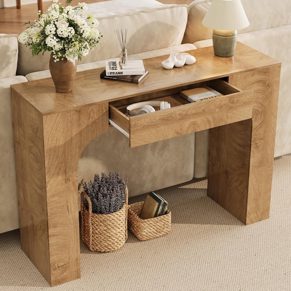 47 in Long Console Table with Drawer, Wooden Rectangular Sofa Table Behind The Couch, Industrial Farmhouse Entryway Foyer Hallway Tables for Entrance, Living Room, Oak Color