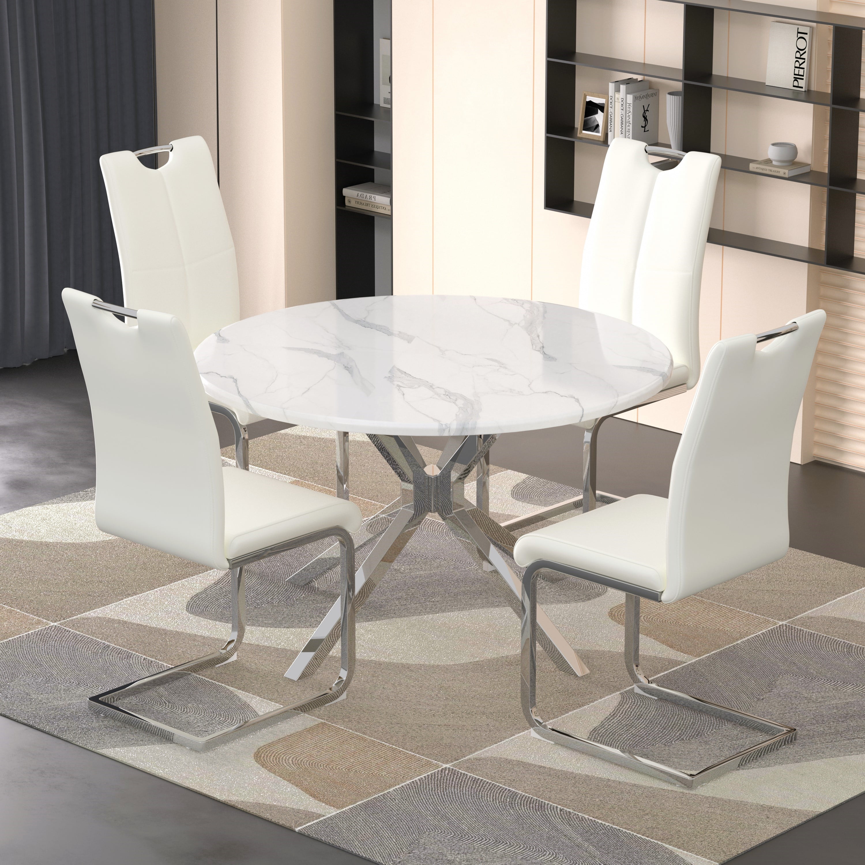 47" Luxurious Round Modern Faux Marble Dining Table Sets for 4,5 Pieces ...