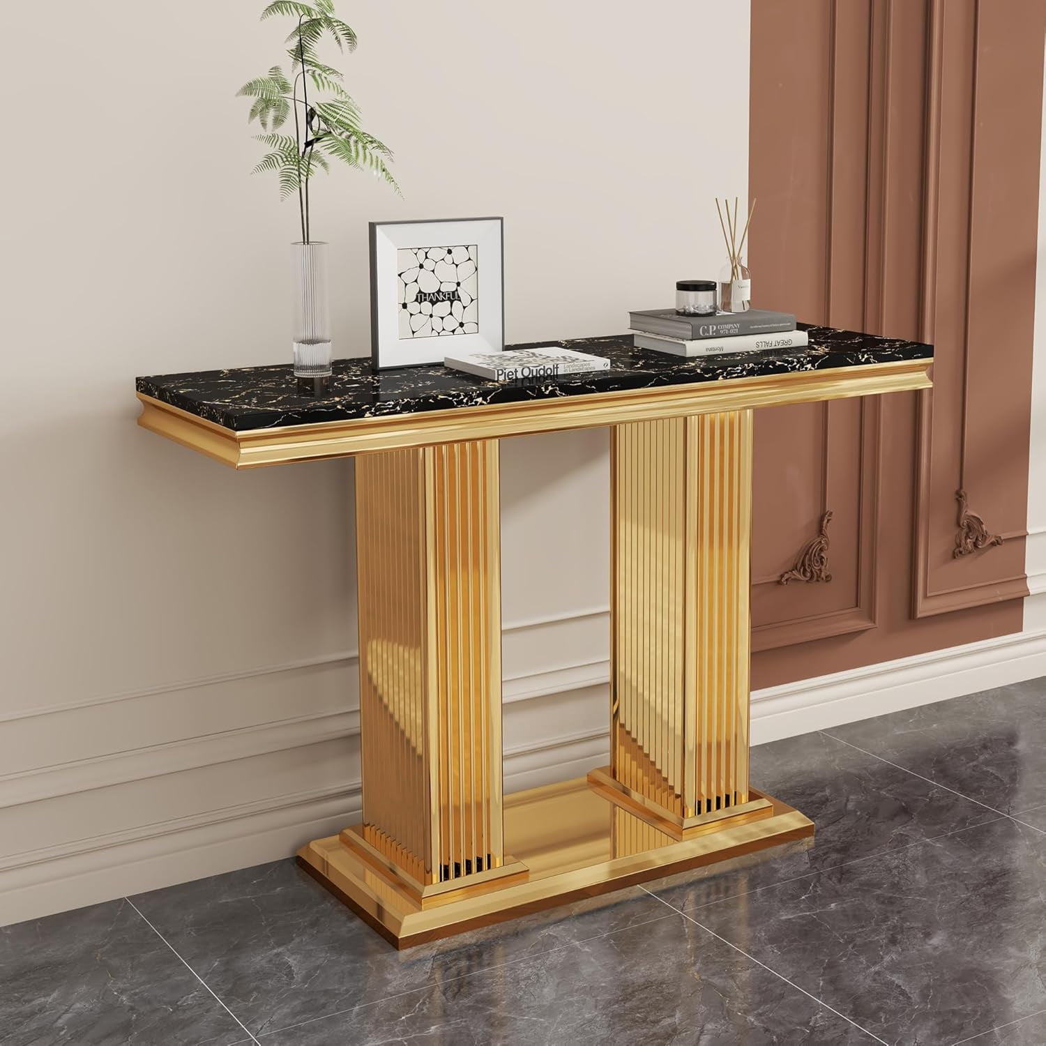 47" Marble Console Table, Modern Entryway Table with Pillar Stainless ...