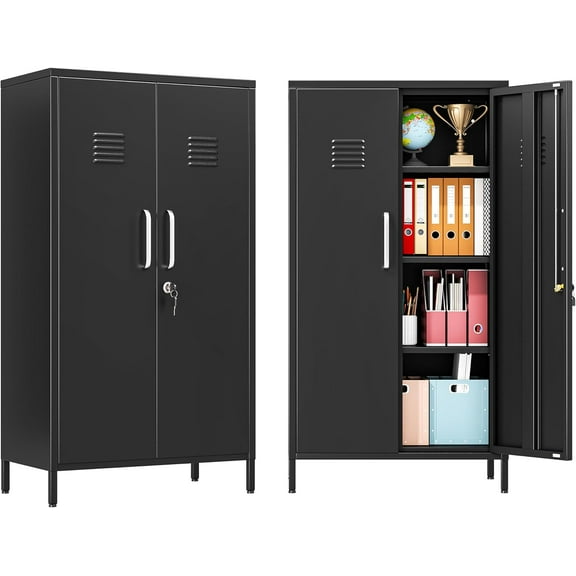 47" Metal Storage Locker, Lockable Employees Metal Locker with 2 Door and Adjustable Shelves, Steel Locker for Home, School, Office, Gym (Black)