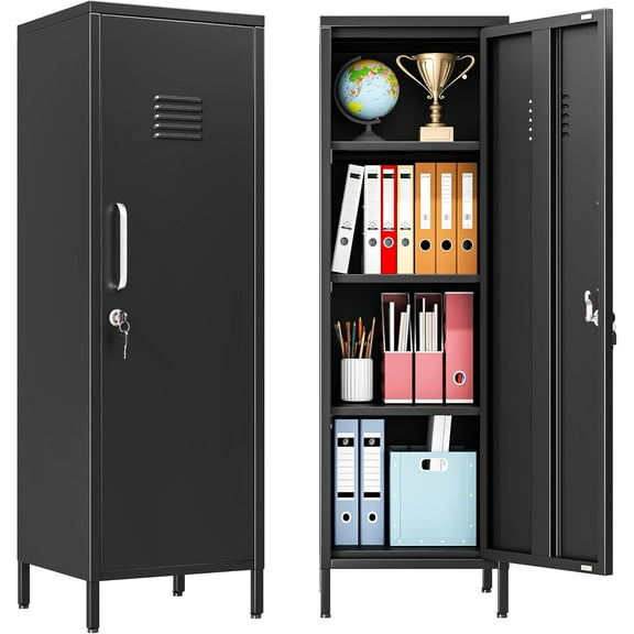 47" Metal Storage Locker, Lockable Employees Metal Locker with Door and Adjustable Shelves, Steel Locker for Home, School, Office, Gym (Black)