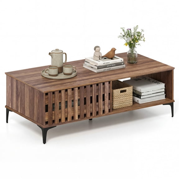 47" Mid Century Coffee Table with Storage Shelf, Wooden Center Table Accent Table for Living Rooms, Apartments, Walnut