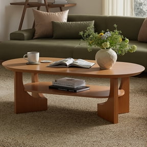 CooLove 47" Mid Century Coffee Table Oval 2-Tier Cherry