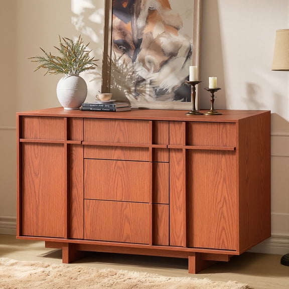 CooLove 47" Mid Century Modern Sideboard Buffet Cabinet, 2 Doors & 3 Drawers, Skeleton Line,Cherry