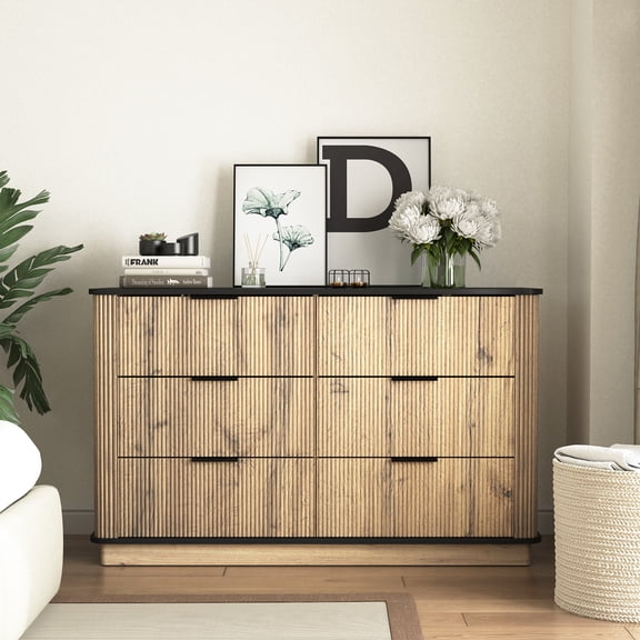 47" Modern 6-Drawer Sideboard Buffet Cabinet,Rounded Corners,with Grooved Doors for Living Room, Kitchen, Entryway