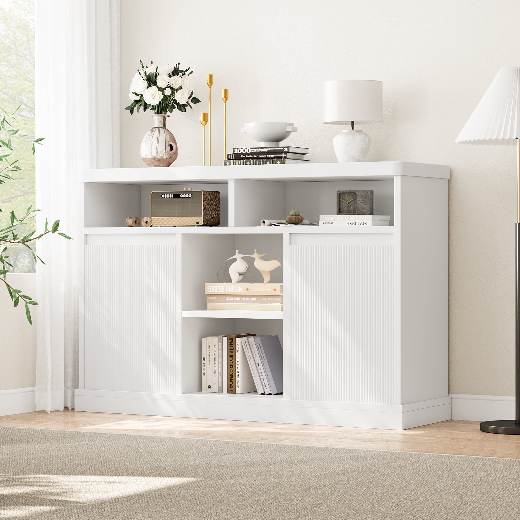 47" Tambour Door Sideboard Storage Cabinet - Fluted Buffet With Shelves For Living Room Or Kitchen