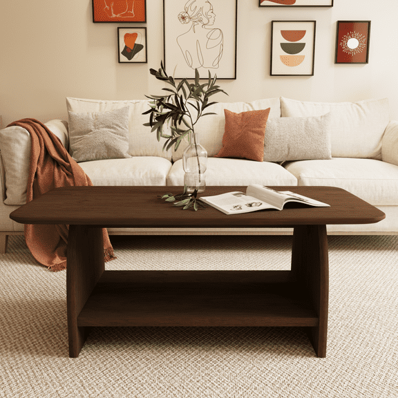 47" Modern Coffee Table with Open Storage Shelf, Rectangular Center Table with Safety Rounded Design, Modern End Table for Living Room Apartment Office, Brown
