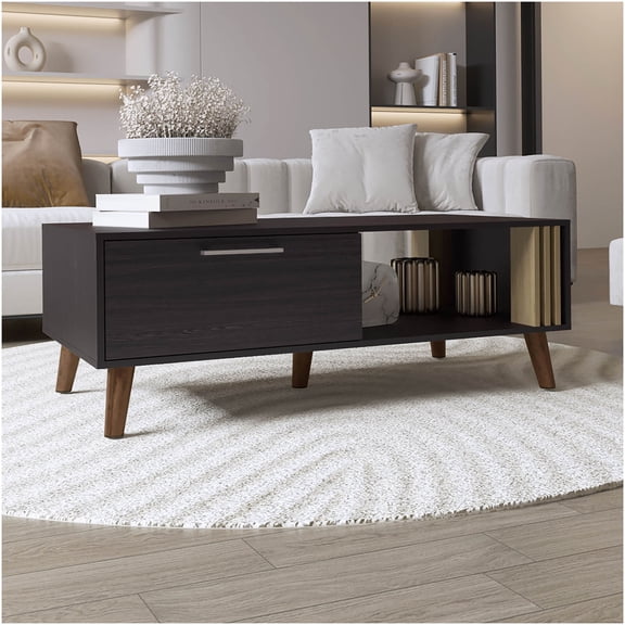 47" Modern Coffee Table with Pull-Down Door & Shelf, Black Wood Finish Storage Console Table for Living Room