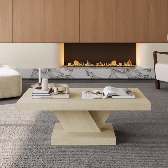 47" Modern Cross Leg Coffee Table, Sturdy X-Shape Design, Solid Wood Veneer, Large Living Room Center Table with Ample Storage Space, Oak Wash