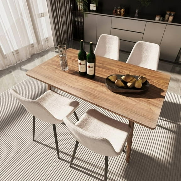 47" Modern Dining Table Set for 4 - Walnut MDF Tabletop with Metal Legs & 4 Beige Chairs - Space-Saving Kitchen, Office, or Small Apartment Dining