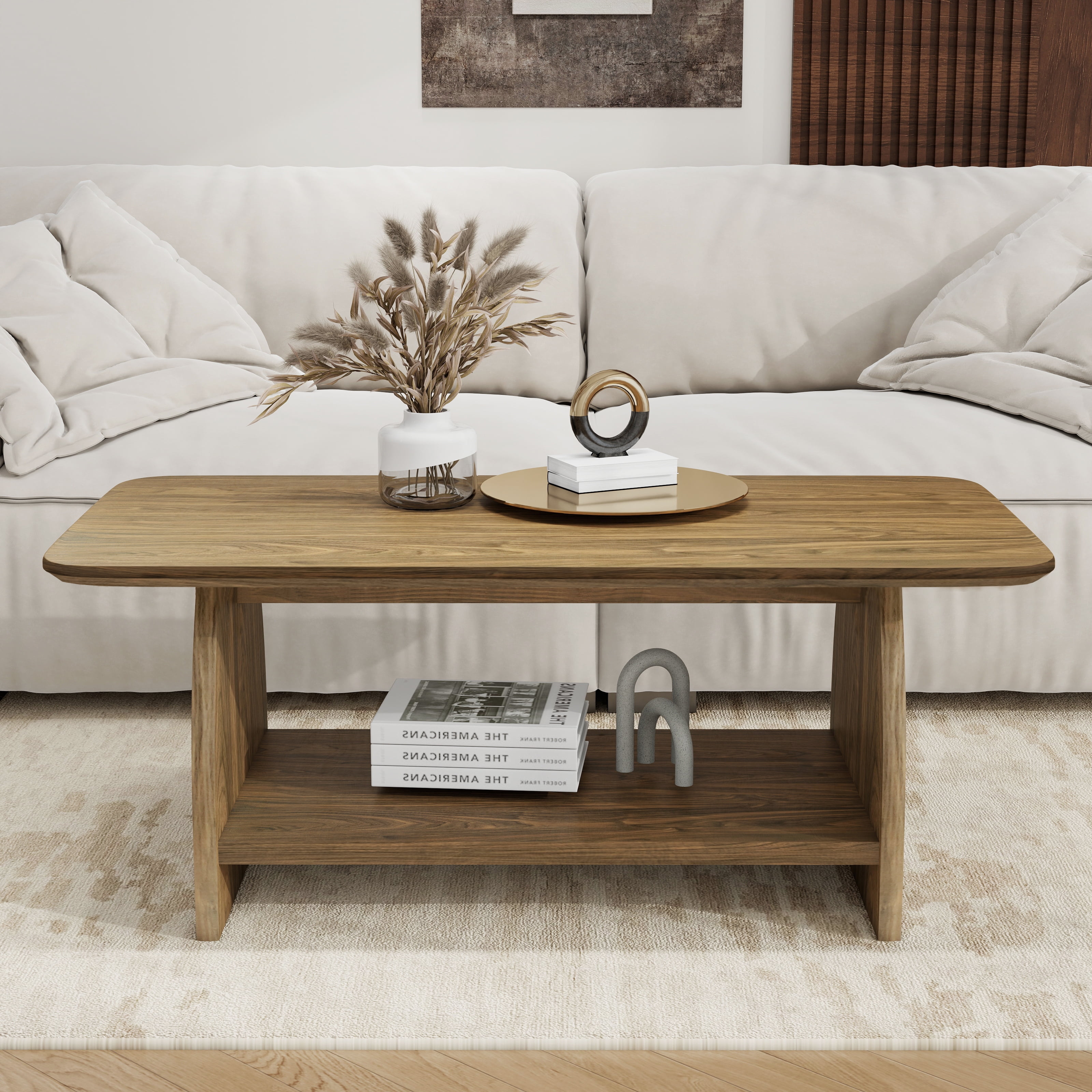 47" Modern Double Layer Rectangular MDF Coffee Table Rounded Corners Storage for Living Room Yellow