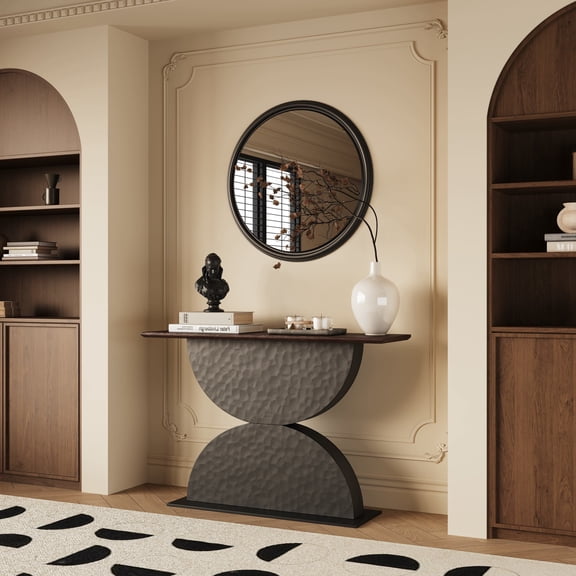 47''Double Semi-Circles 3d Hammer-Shaped Texture Base Wood Console Table With Led Light Entryway Table Modern Console Table,Sofa Console Tables For Living Room