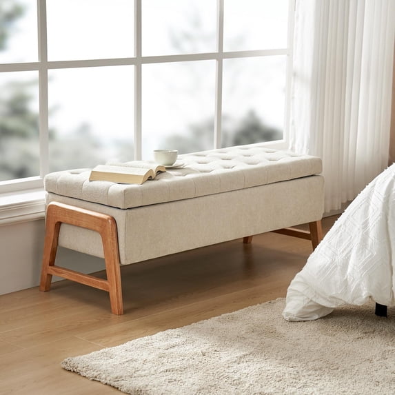 47" Modern Fabric Storage Bench Flip Top and Upholstered Cushioned for Entryway Bedroom, Tan