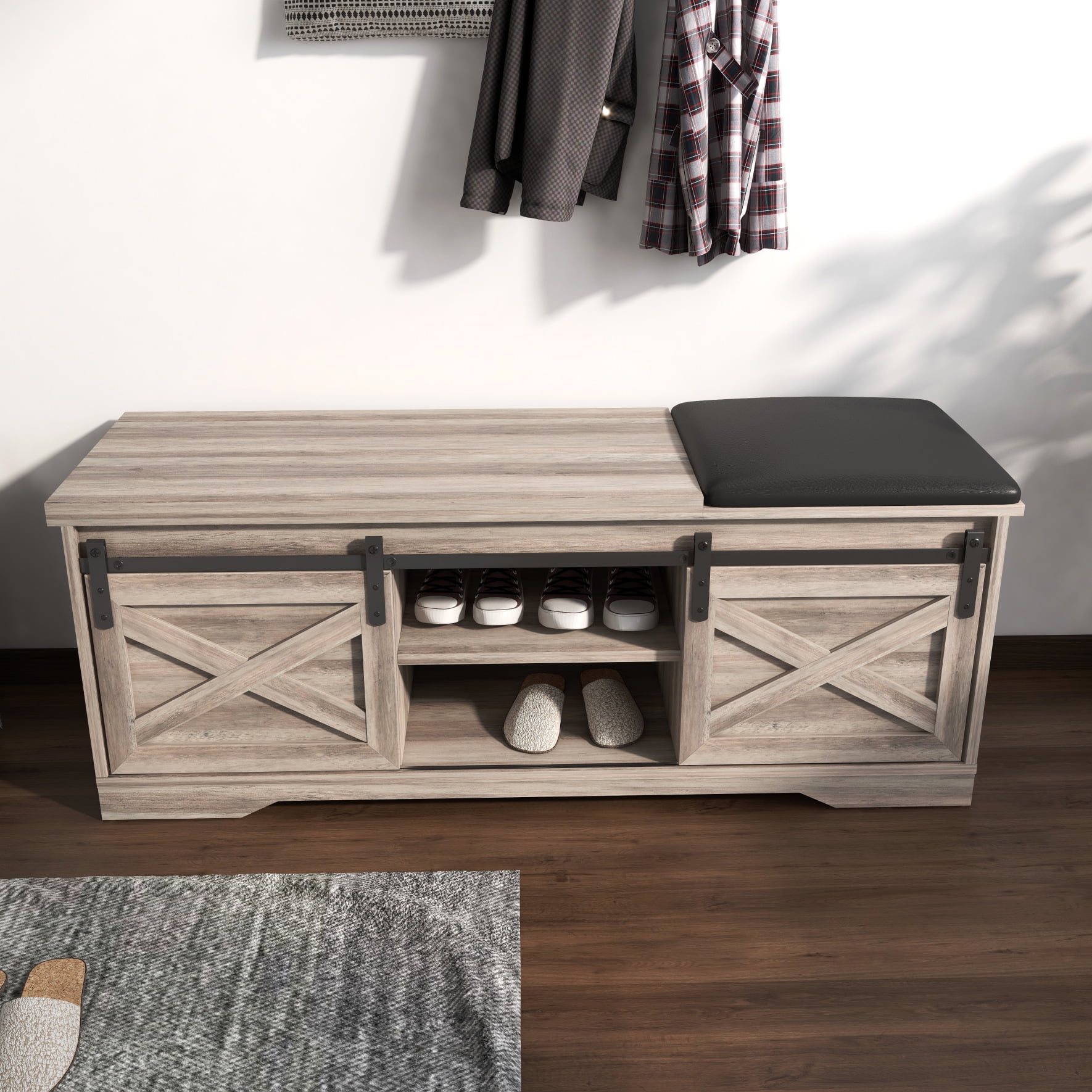 47 Modern Farmhouse Shoe Bench Entryway Bench with Entry Cutout and Sliding X Barn Door Shoe Storage Bench for Entryway Grey Walmart Business Supplies