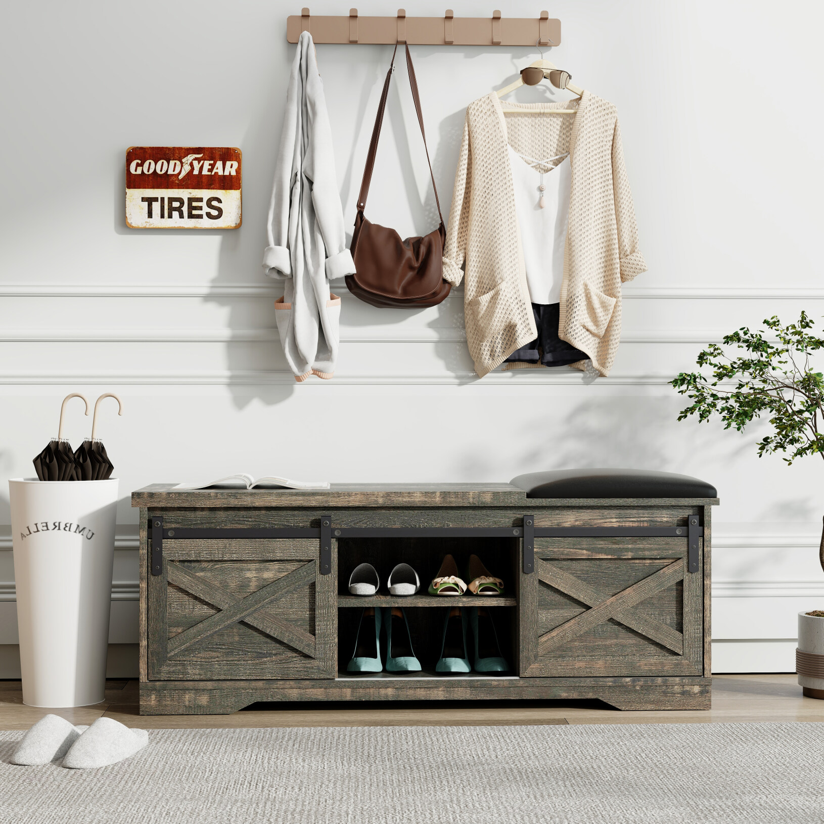 47 " Modern Farmhouse Shoe Bench,Entryway Bench with Entry Cutout and