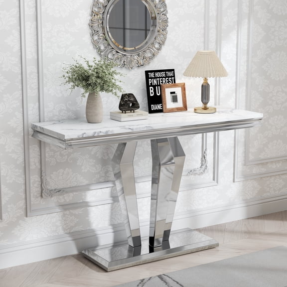 47" Modern Faux Marble Console Table, Rectangular Top & Diamond-Shaped Stainless Steel Base, Narrow Entryway Table for Entrance, Hallway, Foyer, or Living Room