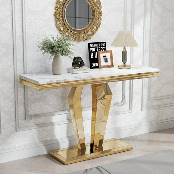47" Modern Faux Marble Console Table, Rectangular Top & Diamond-Shaped Stainless Steel Base, Narrow Entryway Table for Entrance, Hallway, Foyer, or Living Room