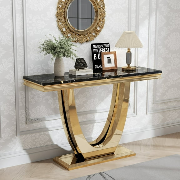 47" Modern Faux Marble Console Table, Rectangular Top & Double U-Shaped Stainless Steel Base, Narrow Entryway Table for Entrance, Hallway, Foyer, or Living Room