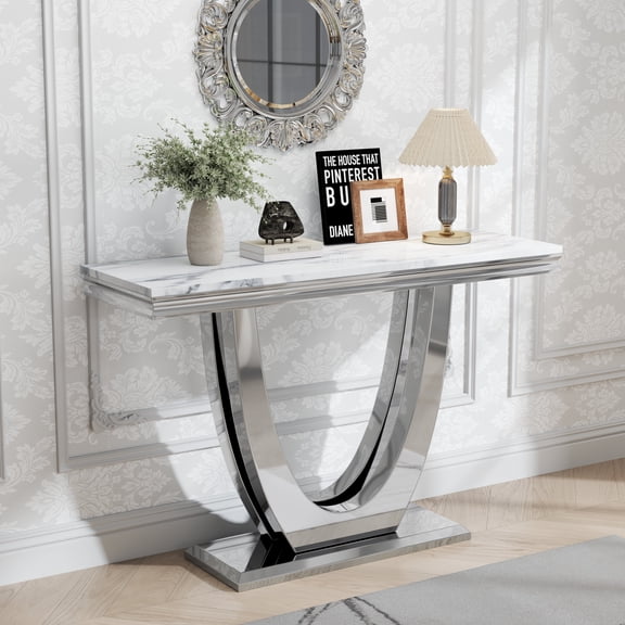 47" Modern Faux Marble Console Table, Rectangular Top & Double U-Shaped Stainless Steel Base, Narrow Entryway Table for Entrance, Hallway, Foyer, or Living Room
