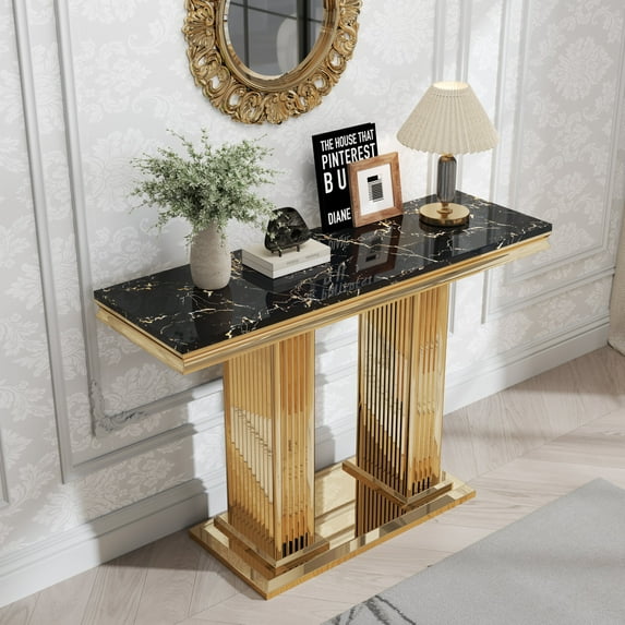 47" Modern Faux Marble Console Table, Rectangular Top & Pillar Stainless Steel Base, Narrow Entryway Table for Entrance, Hallway, Foyer, or Living Room