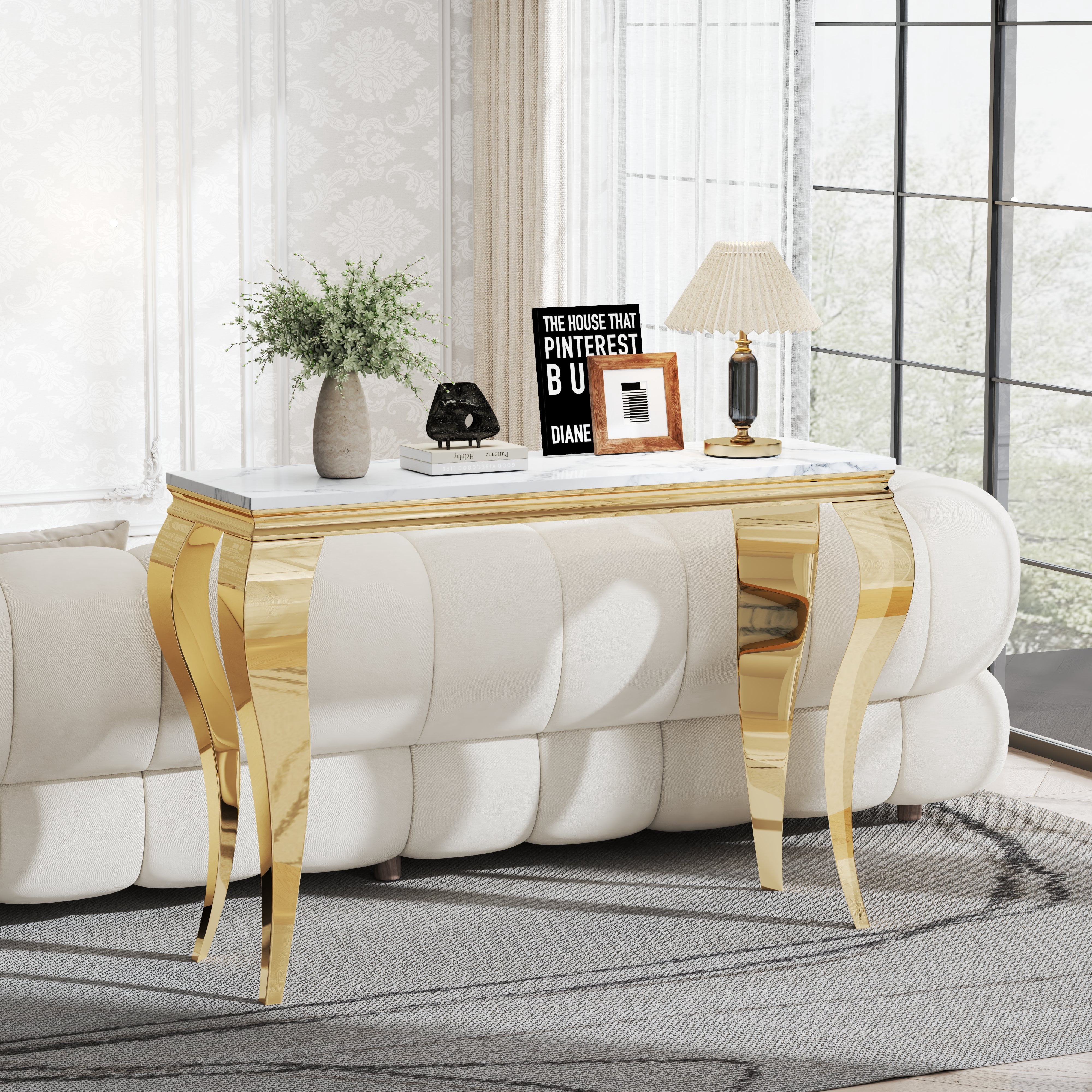 47" Modern Faux Marble Console Table, Rectangular Top & S-Shaped Stainless Steel Base, Narrow Entryway Table for Entrance, Hallway, Foyer, or Living Room